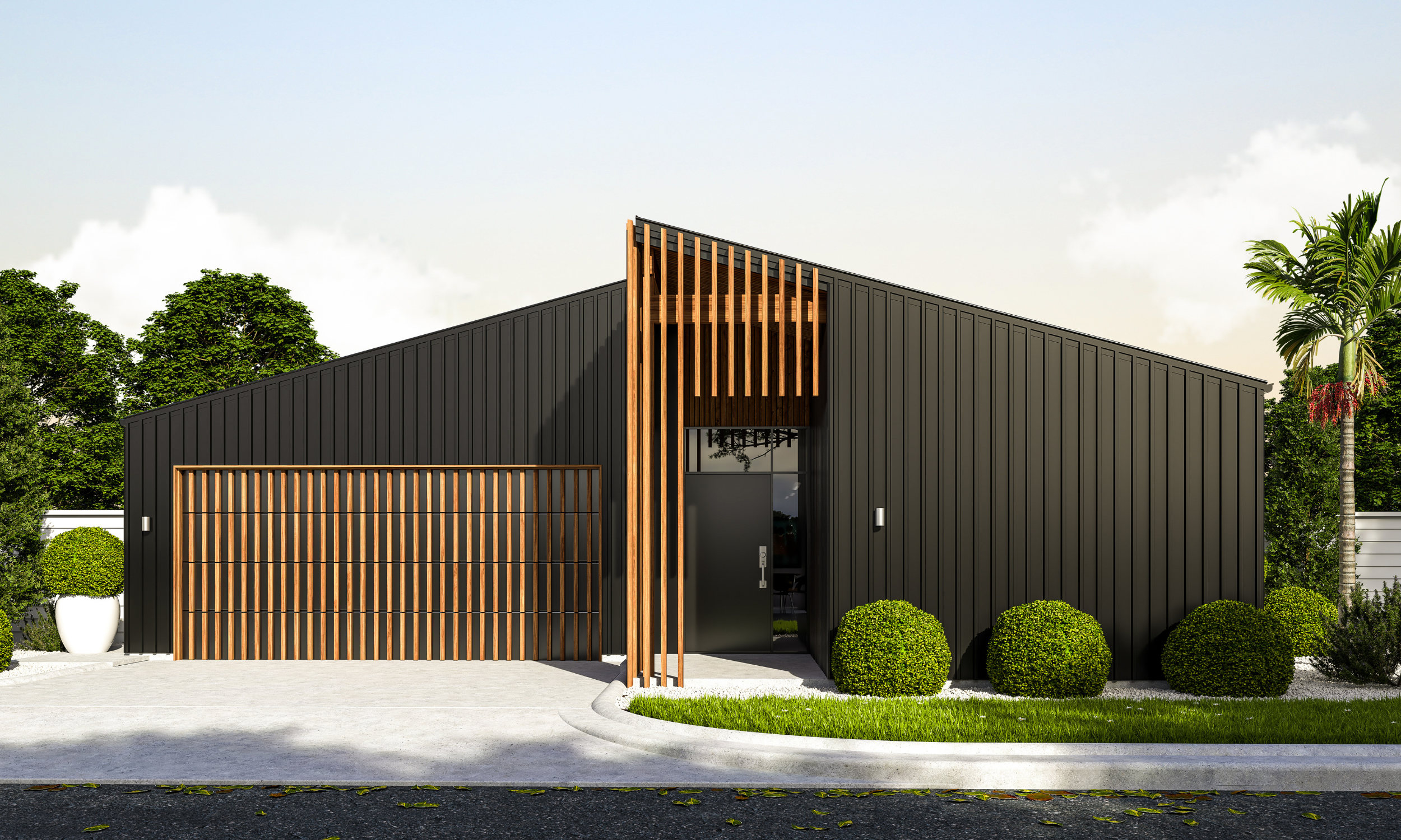 Modern black house with vertical siding, wood accents, and a flat roof, surrounded by well-maintained bushes and trees.