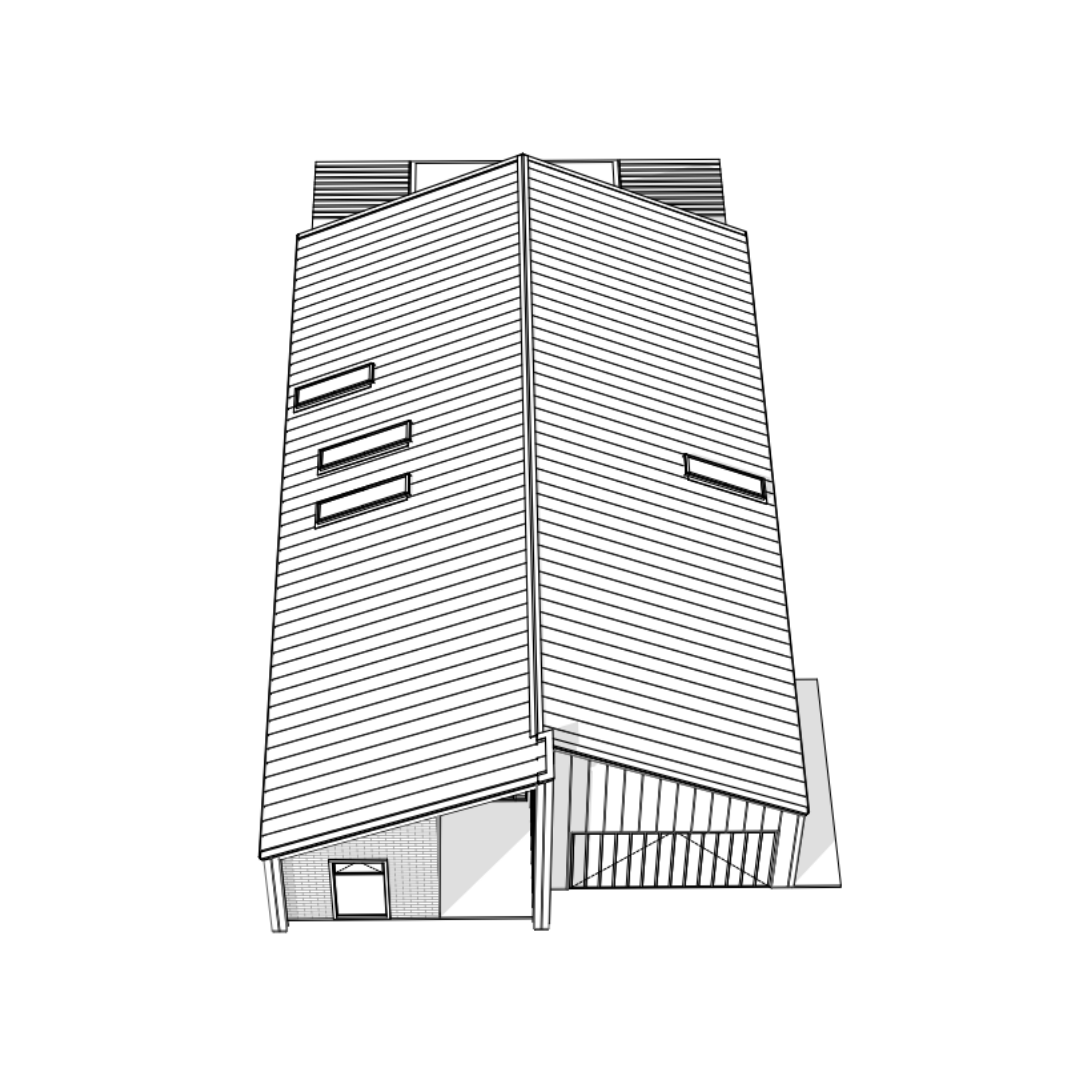 Black and white digital drawing of a modern multi-story building with a sloped roof, a door on the ground level, several small windows, and architectural highlights on the façade.