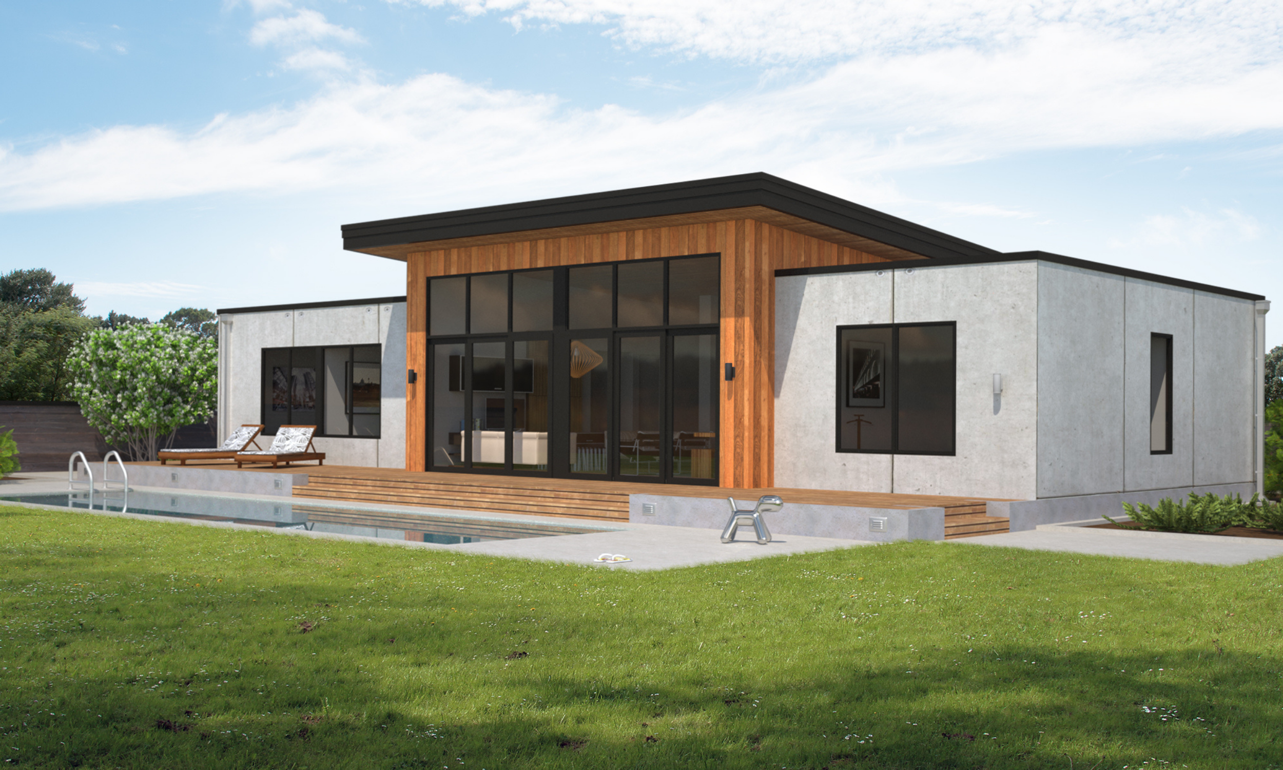 Modern house with large glass doors, wooden accents, and a swimming pool in the backyard.