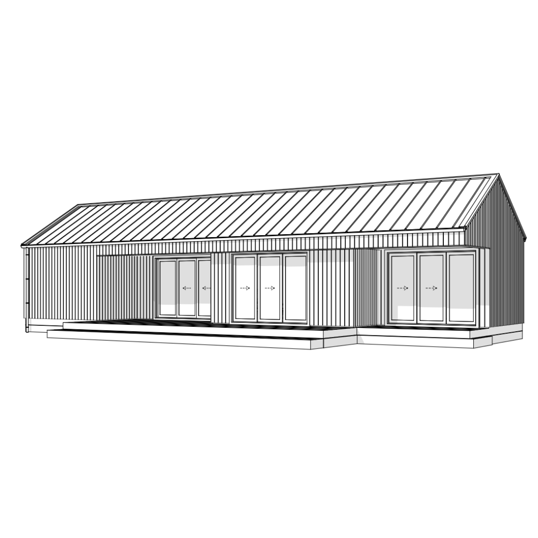 Black and white architectural drawing of a modern barn-style house with a multi-gabled roof and large glass doors leading to a deck.