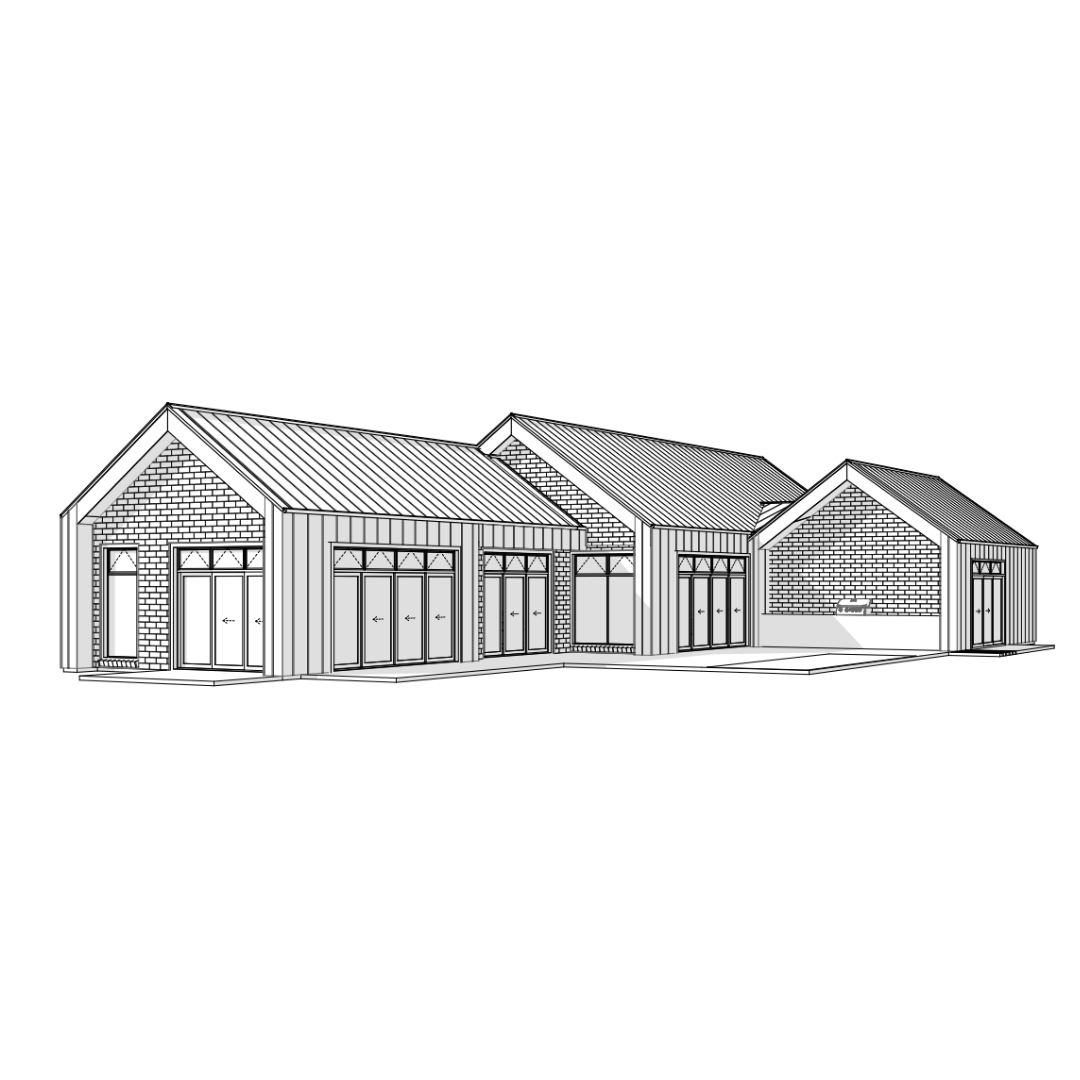 Architectural drawing of a modern house with large windows, brick and siding exterior, and multiple rooflines.