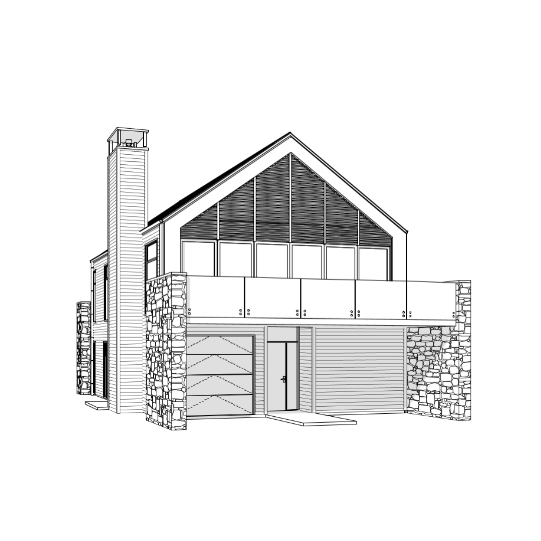Line drawing of a two-story house with a stone and siding exterior, chimney, large upper deck, and garage doors.