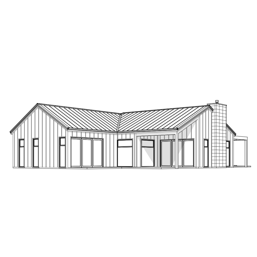 Line drawing of a modern house with large windows, a gable roof, and a chimney.