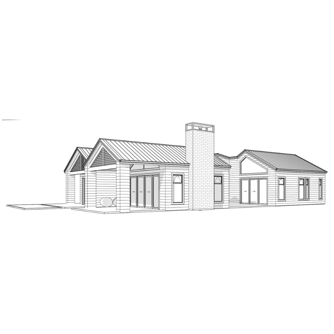 Line drawing of a single-story house with a brick chimney and multiple windows.