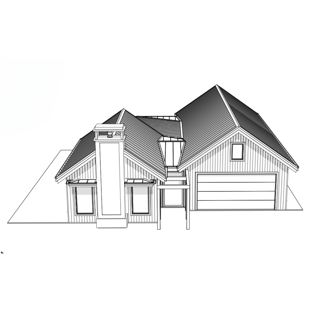 Line drawing of a modern house with gabled roof, chimney, garage, and front porch.