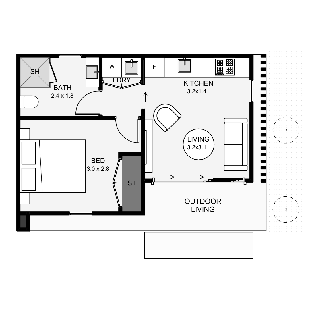 Floor plan of a small house with a bedroom, bathroom, kitchen, living room, laundry area, and outdoor living space.