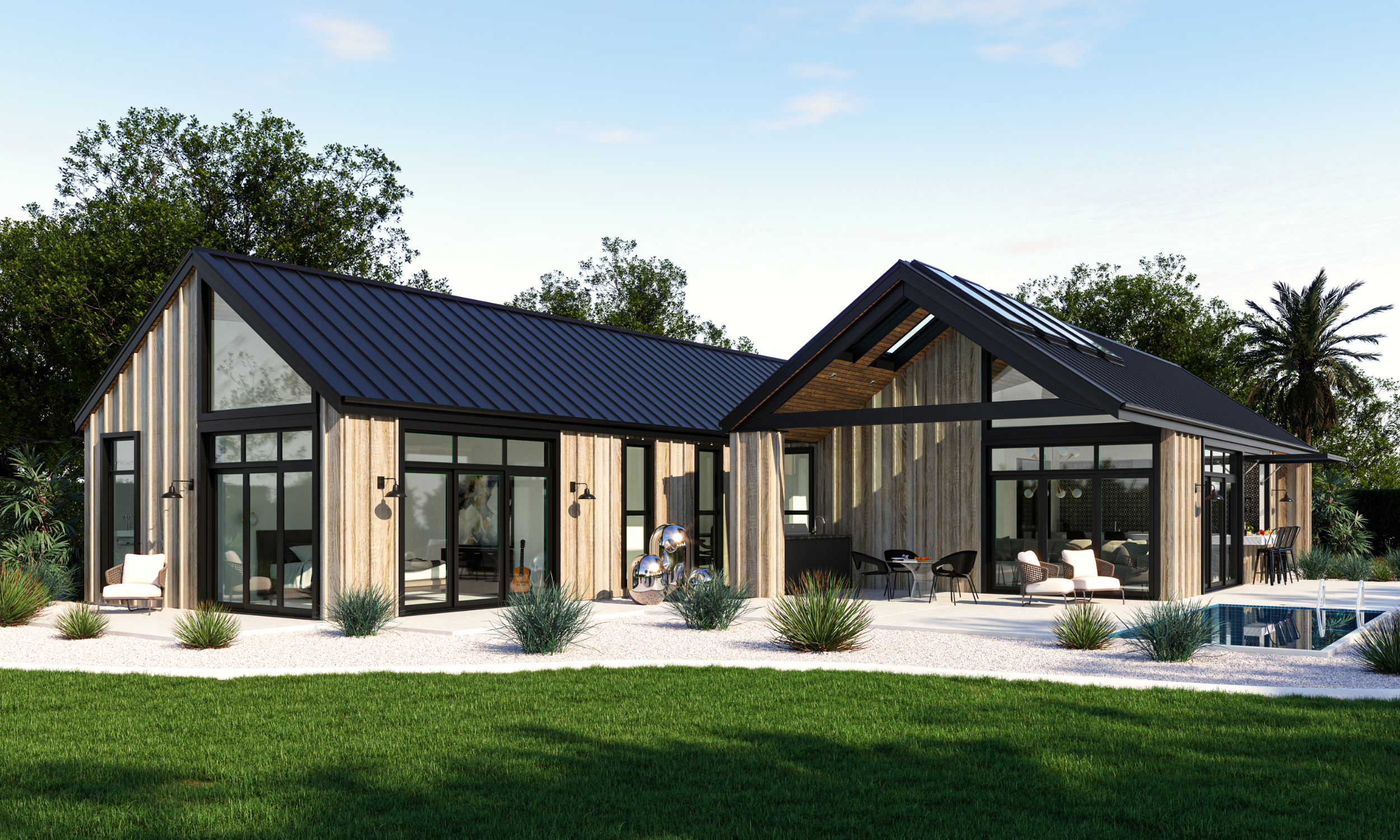 Modern house with black metal roof, wooden siding, large glass windows, outdoor seating, swimming pool, and landscaped yard with green grass and plants.