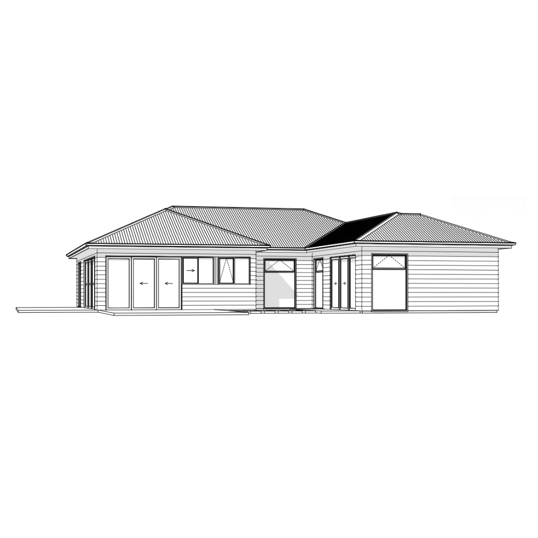 Line drawing of a single-story house with a gabled roof, multiple windows, and sliding glass doors.