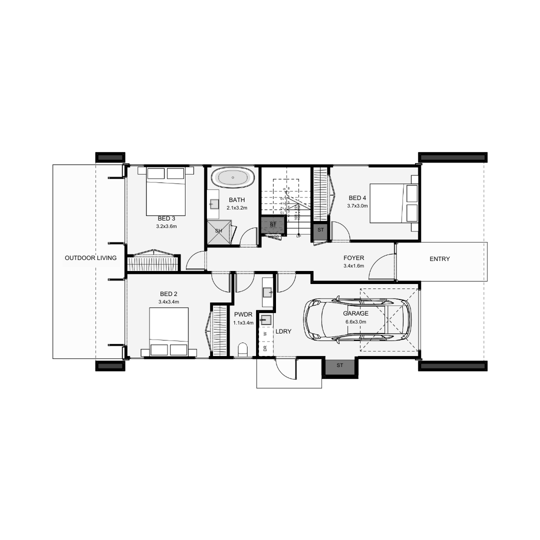 Floor plan of a house showing four bedrooms, a bathroom, a powder room, laundry area, garage, foyer, entry, and outdoor living space.