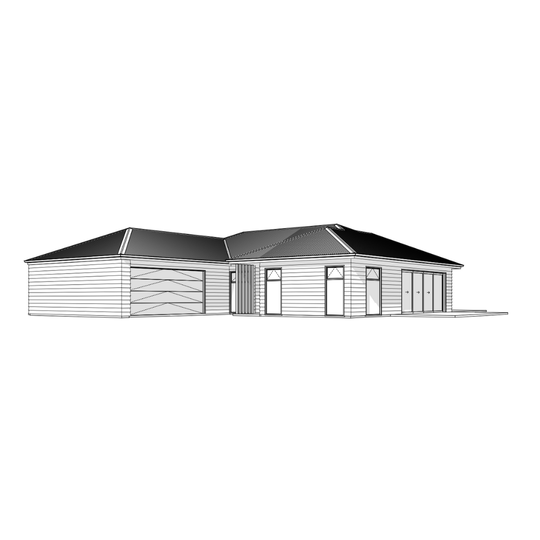 Line drawing of a modern single-story house with a garage, multiple windows, and sliding glass doors, featuring a hip roof and exterior steps.