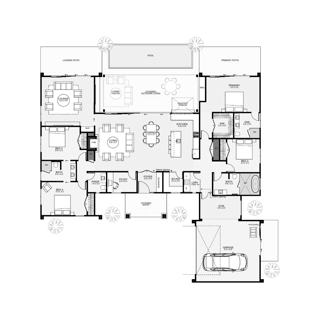 Architectural floor plan of a house including bedrooms, bathrooms, living areas, kitchen, dining area, covered outdoor living space, pool, patios, garage, and landscaping.