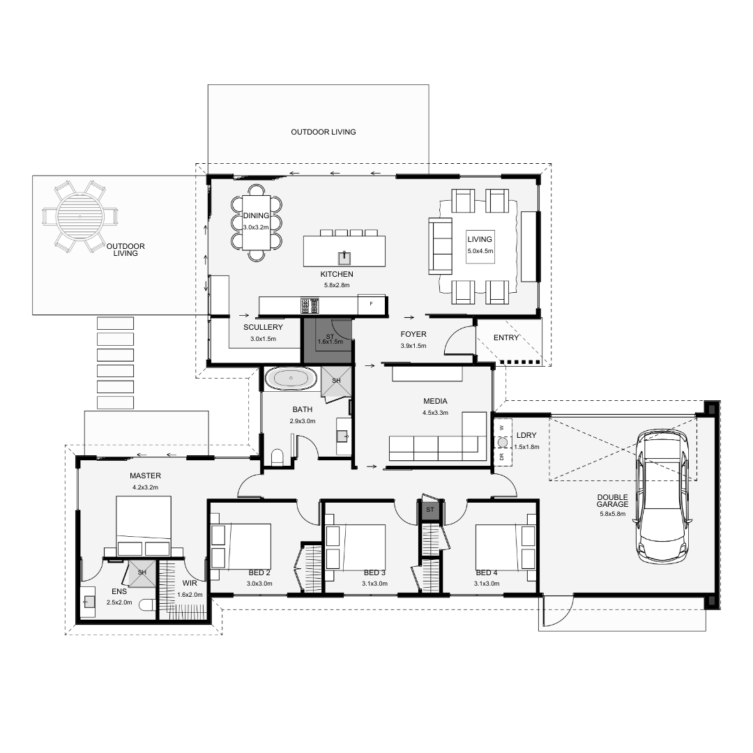 Floor plan of a house with bedrooms, bathrooms, kitchen, living room, dining area, media room, laundry room, double garage, and outdoor living spaces.