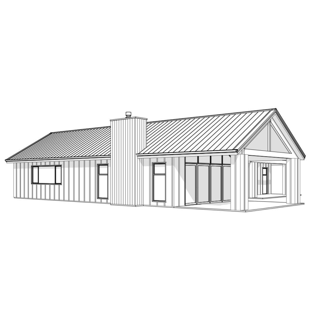Line drawing of a modern house with vertical siding, large windows, a chimney, and a covered porch.