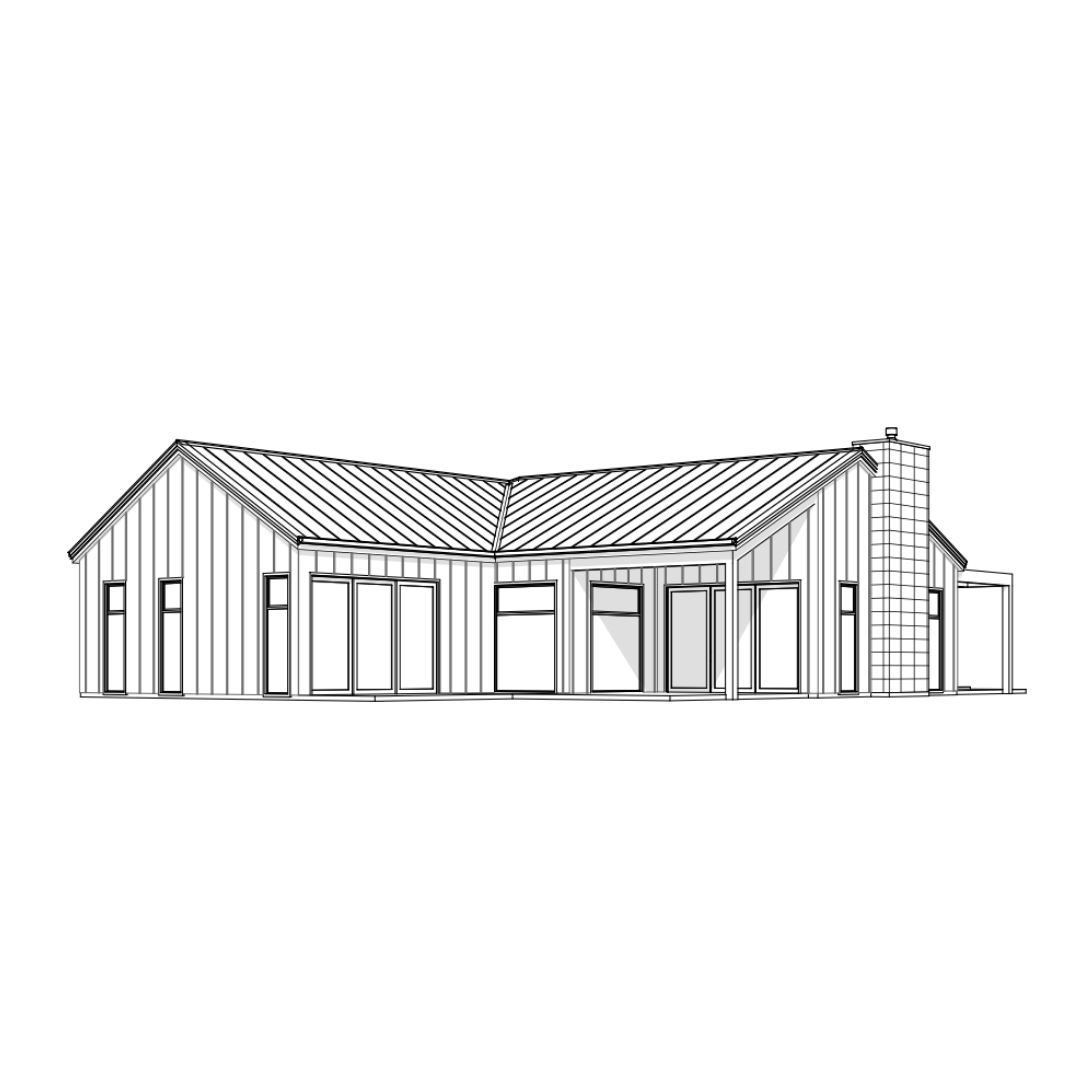 Line drawing of a modern single-story house with multiple windows, glass doors, and a chimney.