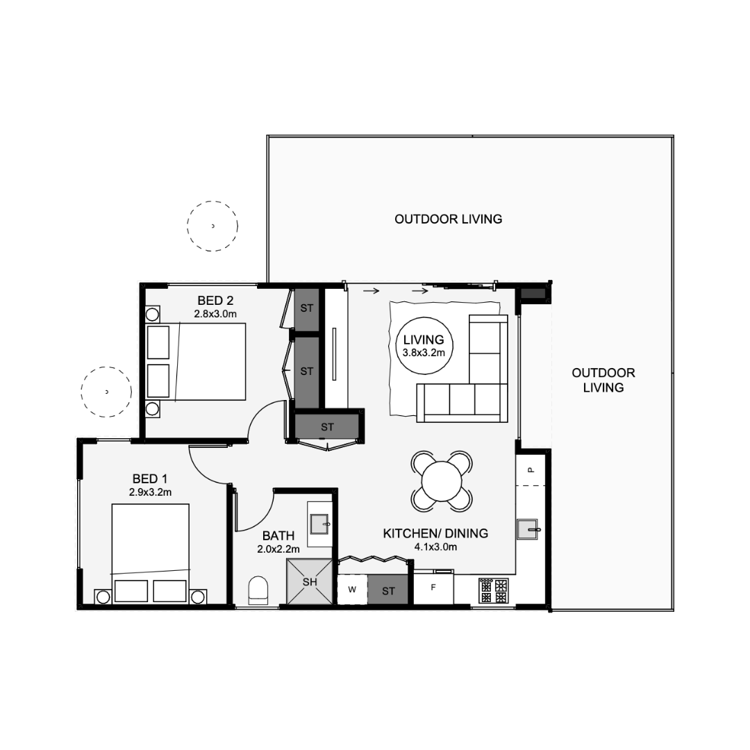 Floor plan of a house showing two bedrooms, a bathroom, a kitchen/dining area, a living room, and outdoor living spaces.