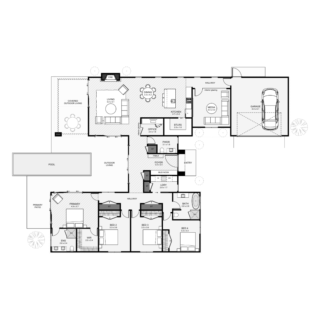 Detailed floor plan of a house with labeled rooms including primary bedroom, bedrooms 2, 3, and 4, bathrooms, living and dining areas, kitchen, office, media room, garage, outdoor pool, outdoor and covered outdoor living spaces, laundry room, foyer, mud nook, and hallways.