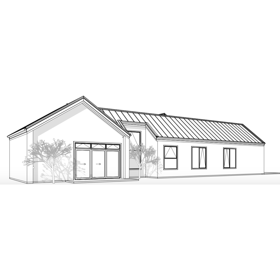 A line drawing of a modern house with a gabled roof, large front windows, and a sliding glass door, with two trees in front.