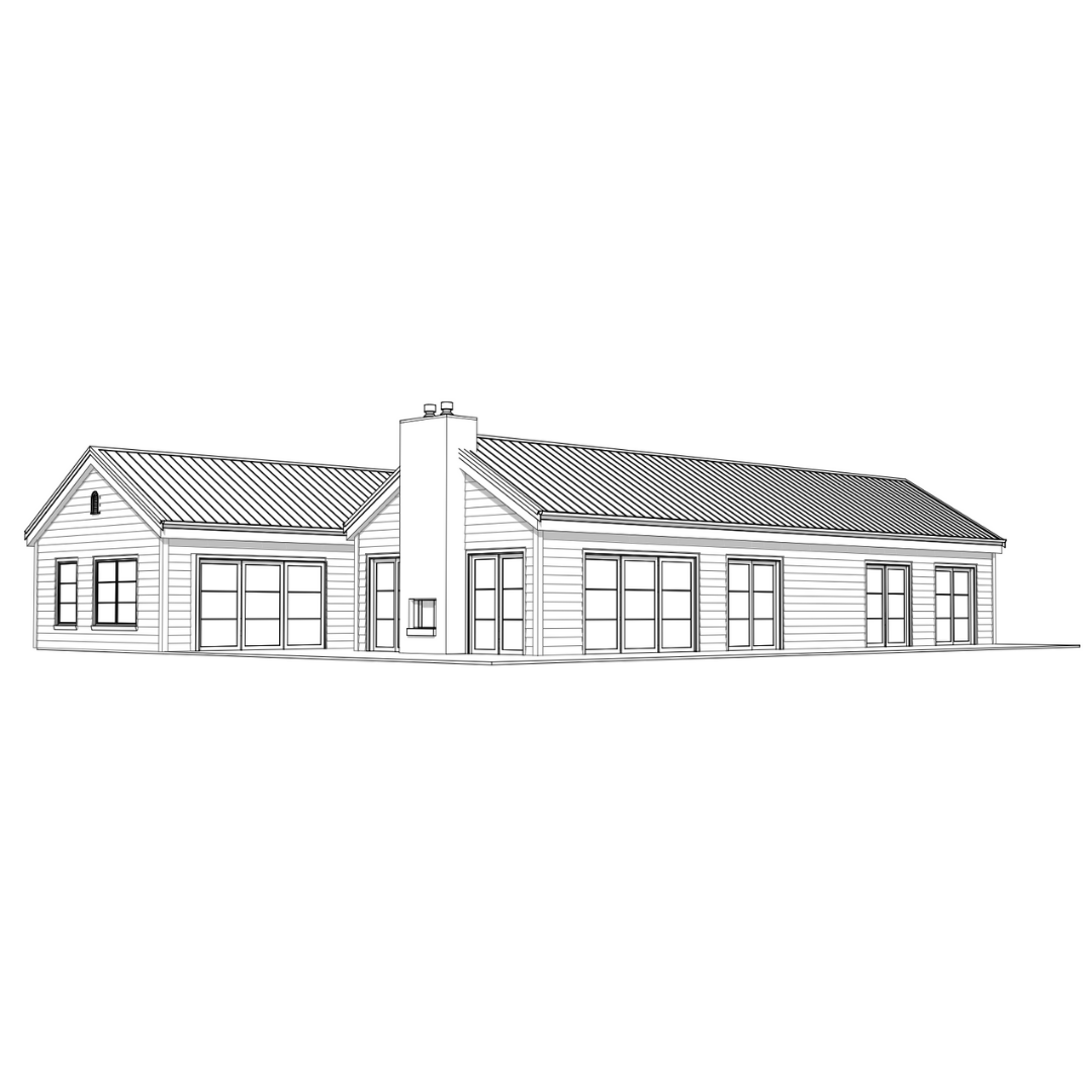 Line drawing of a single-story house with multiple large windows and a chimney.