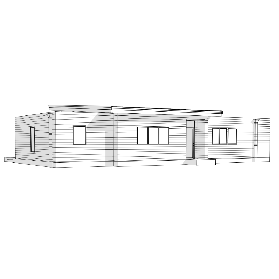 Line drawing of a modern single-story house with multiple windows, a front door, and horizontal siding.