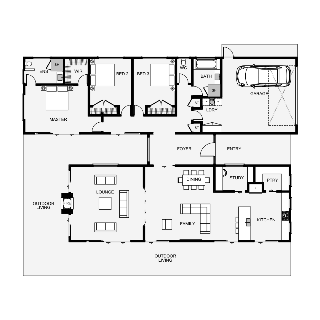 Floor plan of a house showing various rooms including master bedroom, two additional bedrooms, bathrooms, kitchen, dining area, family room, lounge, study, pantry, laundry, garage, and outdoor living spaces.