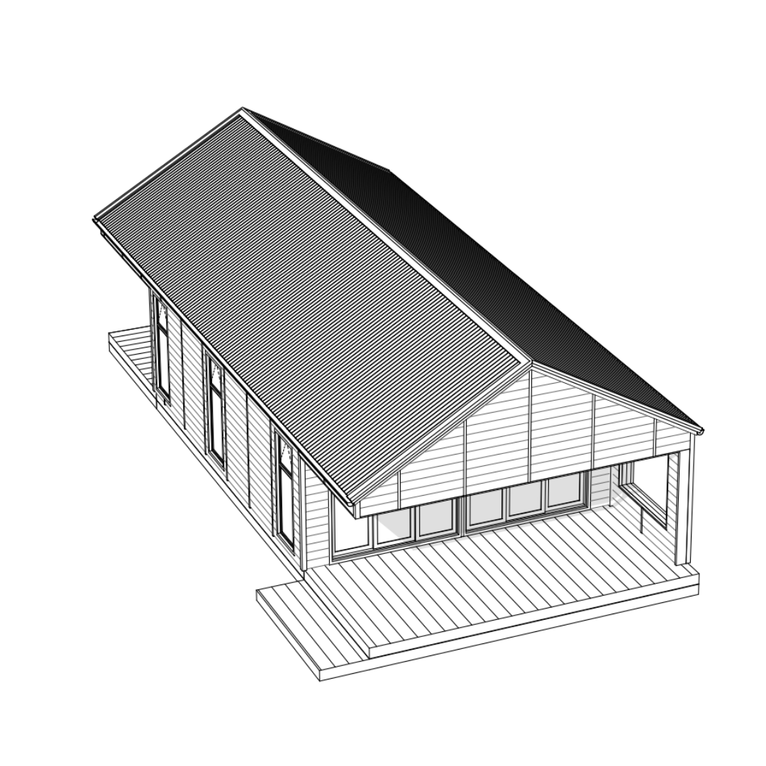 Isometric drawing of a modern house with large windows, a gabled metal roof, and a wooden deck.