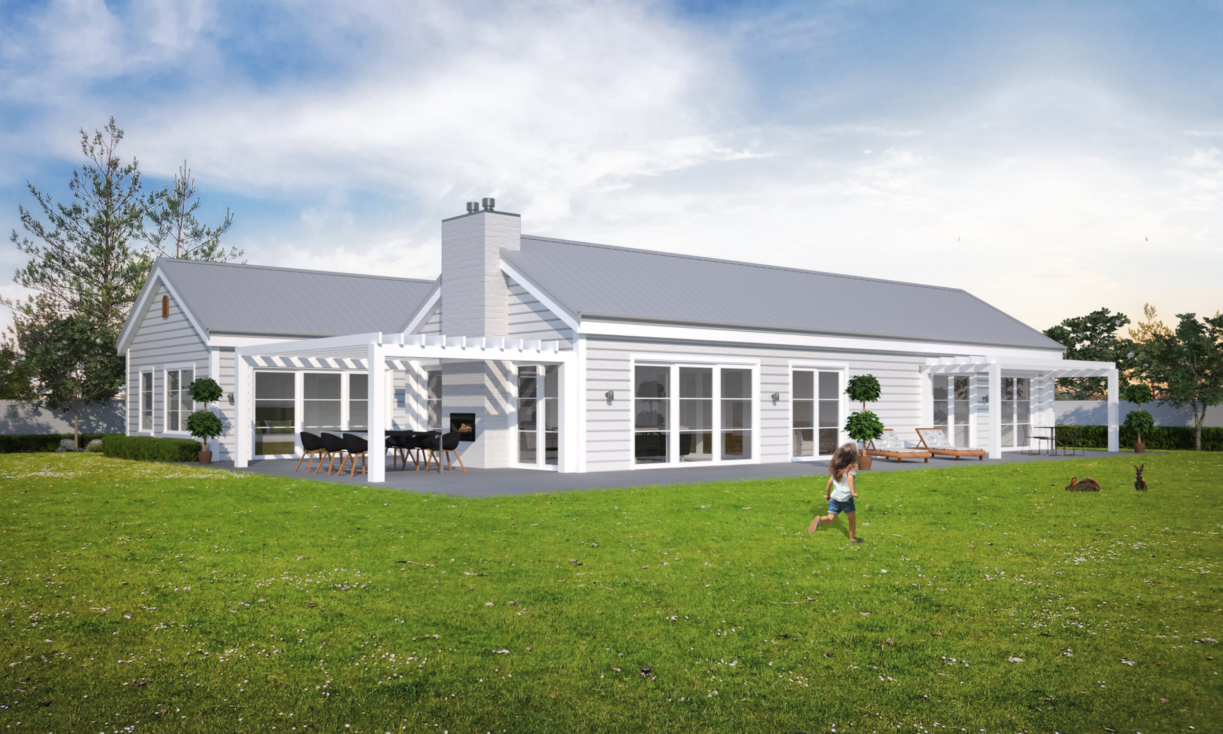 A modern white house with large windows and a metal roof, surrounded by a green lawn with a child running and two rabbits resting nearby, under a partly cloudy sky.