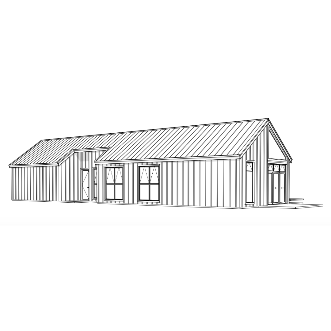 Line drawing of a modern, single-story house with vertical siding, a gabled roof, large windows, and a garage.