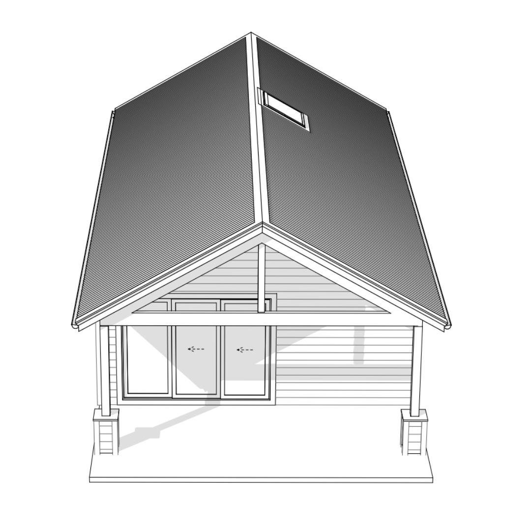 Line drawing of a house with a gable roof, front porch, and windows, viewed from below.