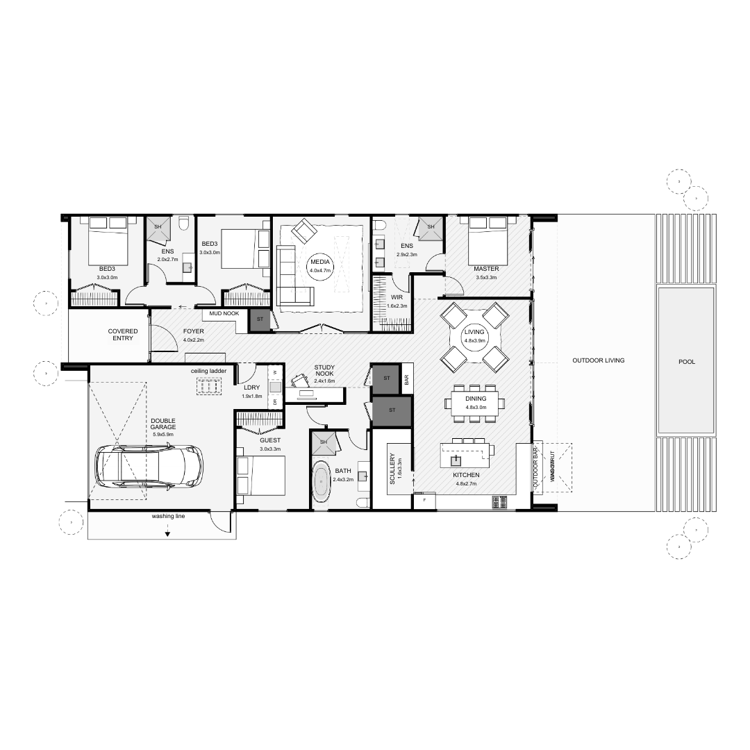 Floor plan of a house showing bedrooms, bathrooms, a garage, living areas, kitchen, outdoor living space, pool, and utility rooms.