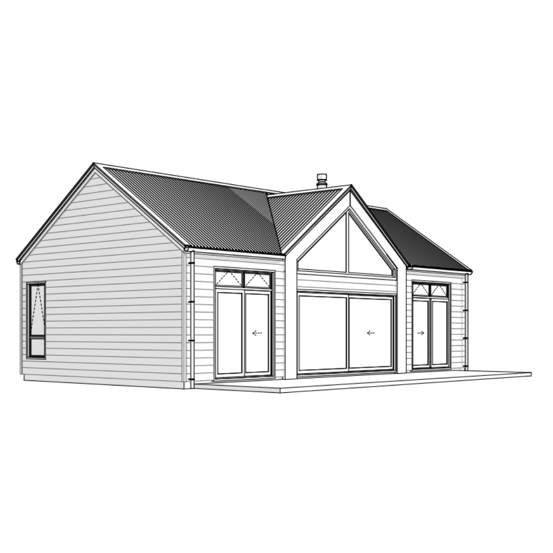 Black and white architectural drawing of a house with large windows and a pitched roof.