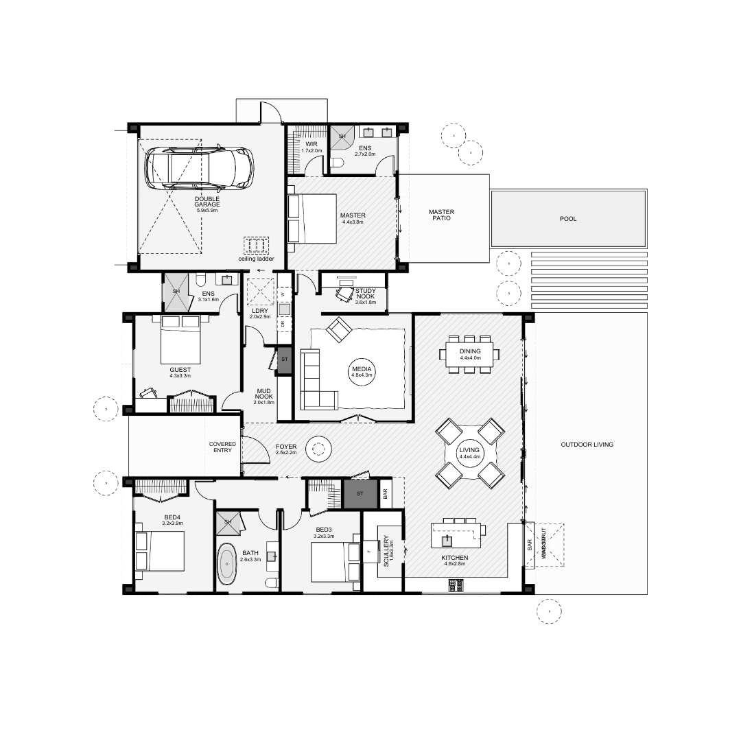 Floor plan of a house showing bedrooms, bathrooms, kitchen, living area, media room, study nook, laundry, double garage, pool, outdoor living area, and patio.