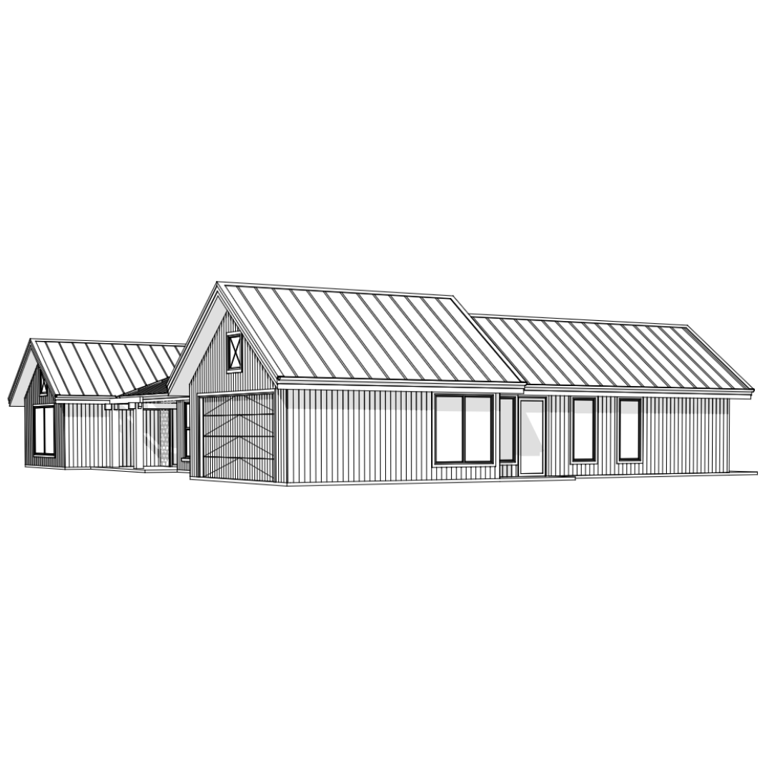 Black and white architectural drawing of a modern house with a metal roof and multiple windows.