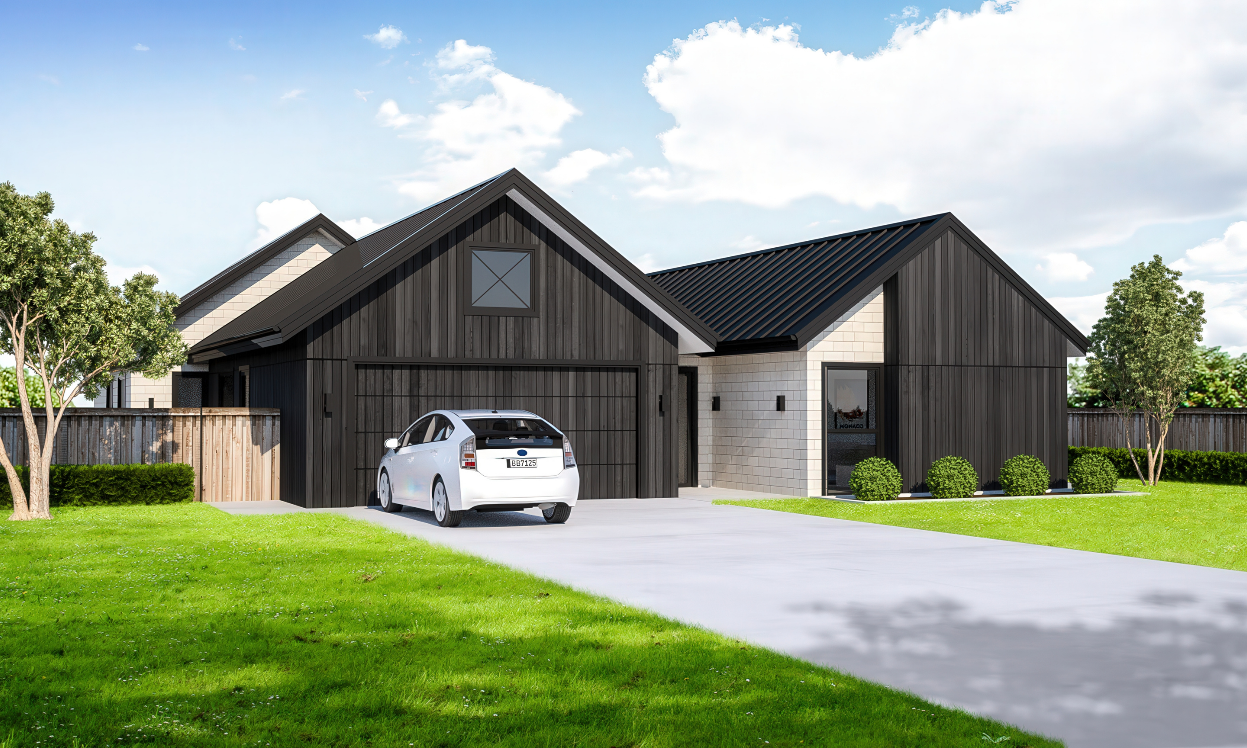 A modern house with black and white exterior walls, a black roof, a driveway with a white car, green lawn, trees, and a wooden fence under a partly cloudy sky.