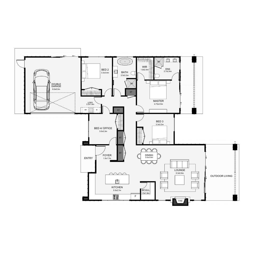 Floor plan of a house with various rooms including a garage, bedrooms, bathrooms, living and dining areas, kitchen, laundry, and outdoor living space.
