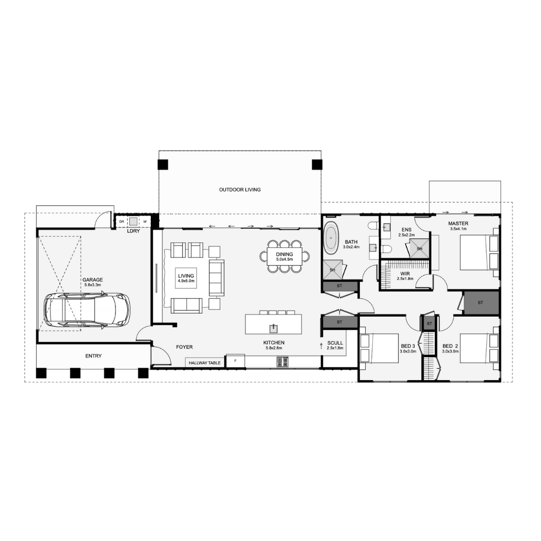 Floor plan of a house showing garage, entry, foyer, living room, kitchen, dining area, laundry, outdoor living space, bathroom, master bedroom with en suite and walk-in closet, two additional bedrooms, and storage rooms.