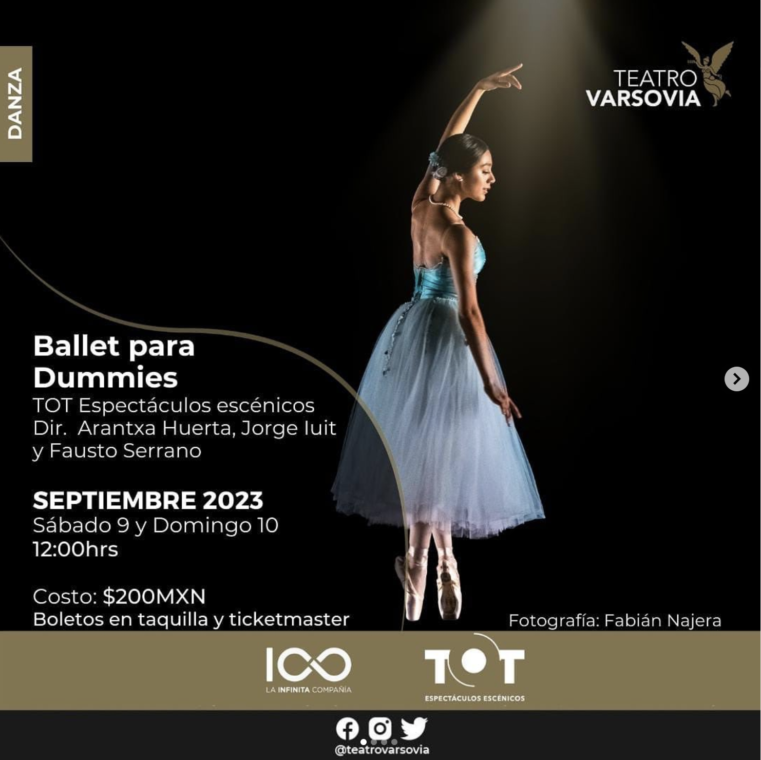 Poster for Ballet for Dummies dance performance at Teatro Varsovia in September 2023 featuring a ballerina in a blue tutu and pointe shoes, with event details in Spanish.