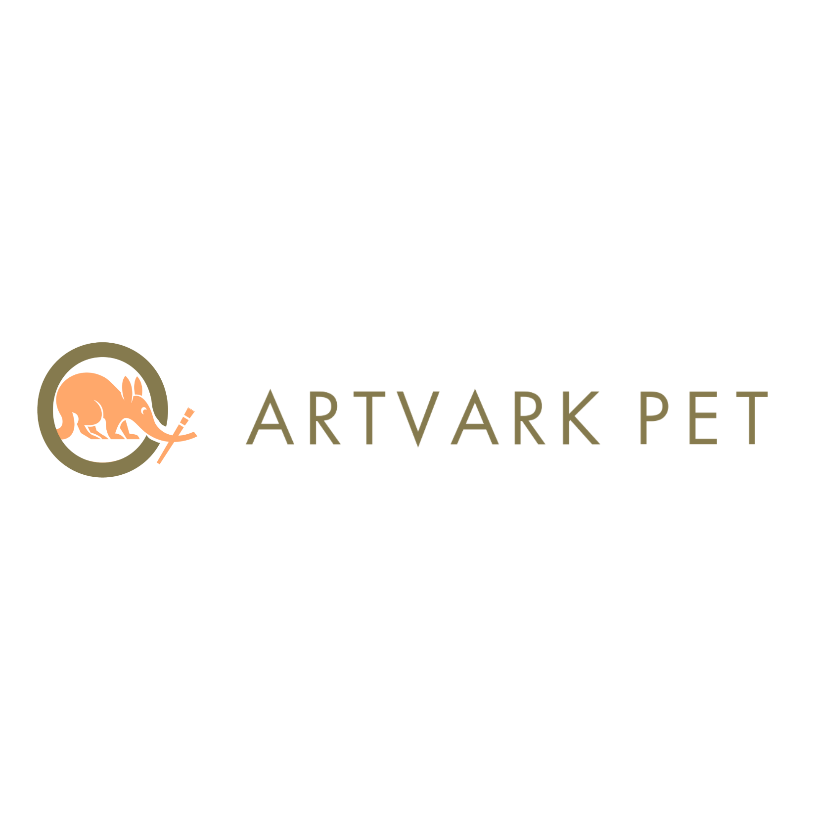 Logo with illustrated pink elephant with orange tusks and trunk, encircled and followed by the text 'ARTVARK PET' in gray.