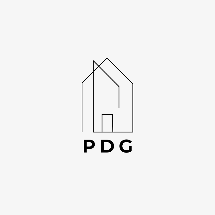 Line drawing of a house outline with the letters P D G below it.