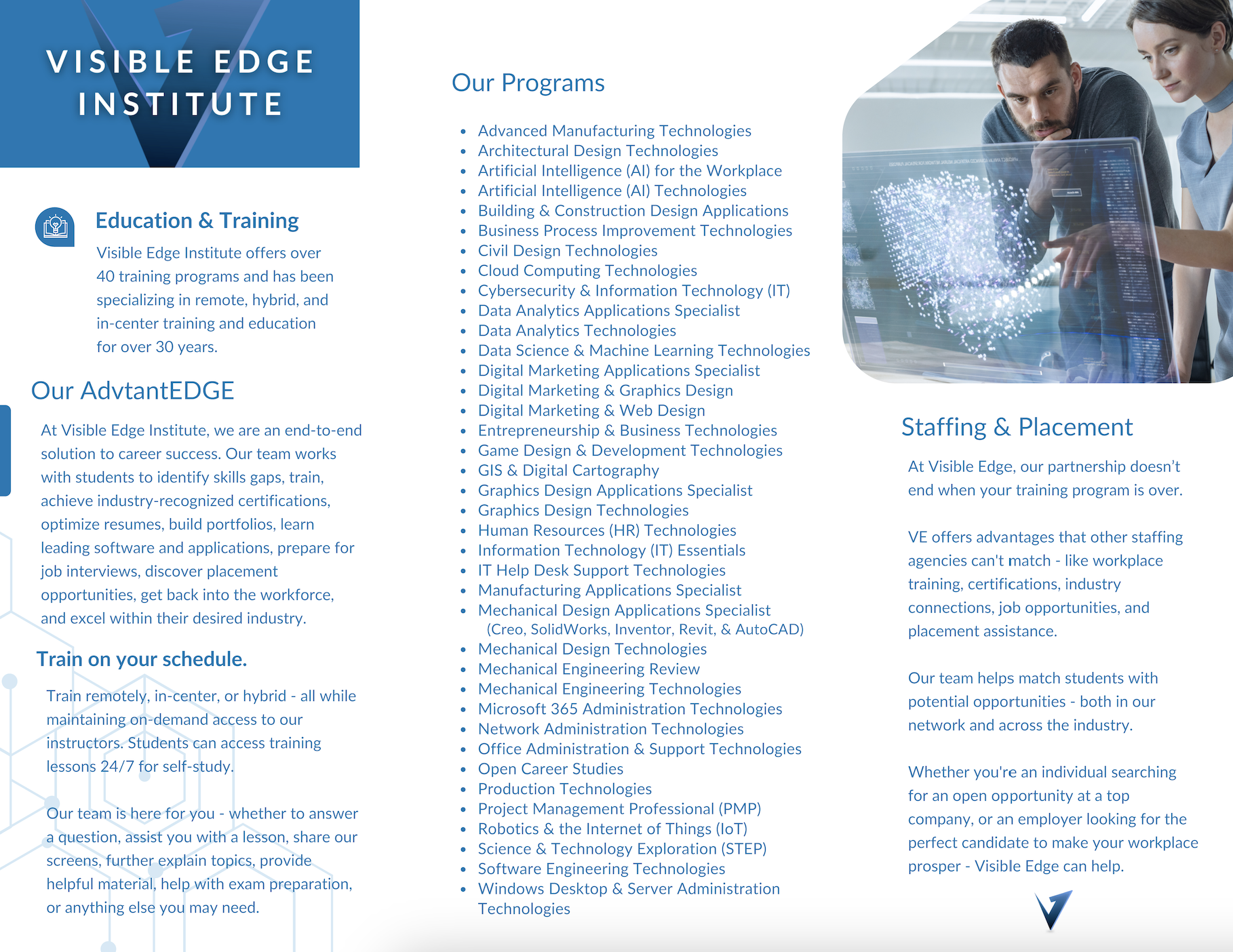 Brochure for Visible Edge Institute with program details, including training, staffing, and placement services, and a photo of two people working with digital technology.