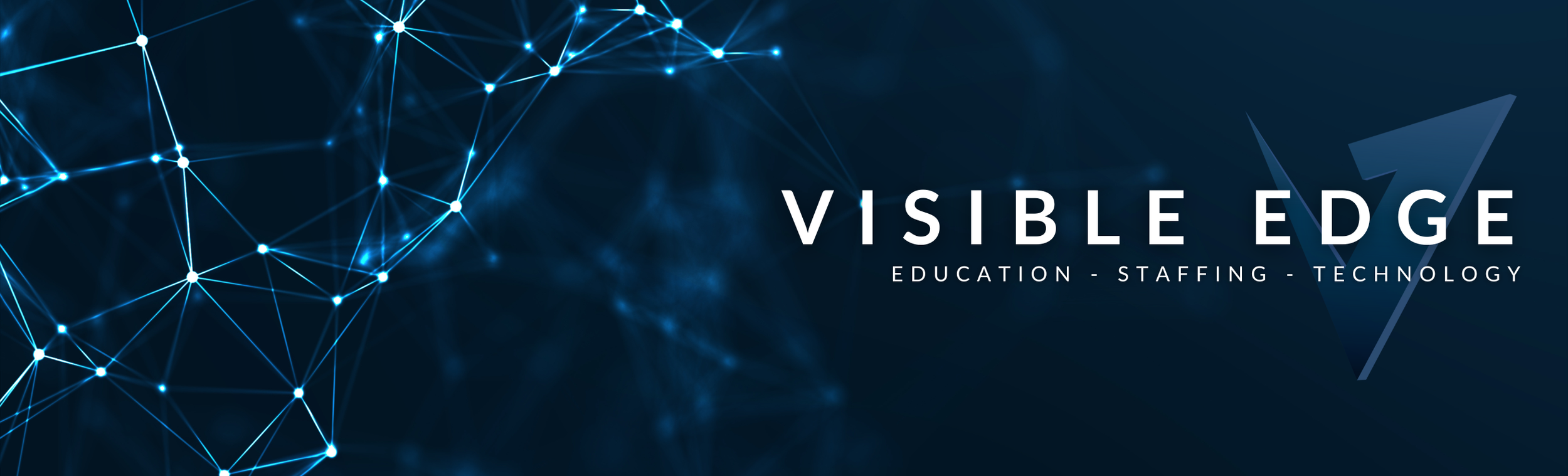 Digital graphic with interconnected blue dots and lines on a dark background, featuring the text 'VISIBLE EDGE' and the words 'EDUCATION - STAFFING - TECHNOLOGY'.