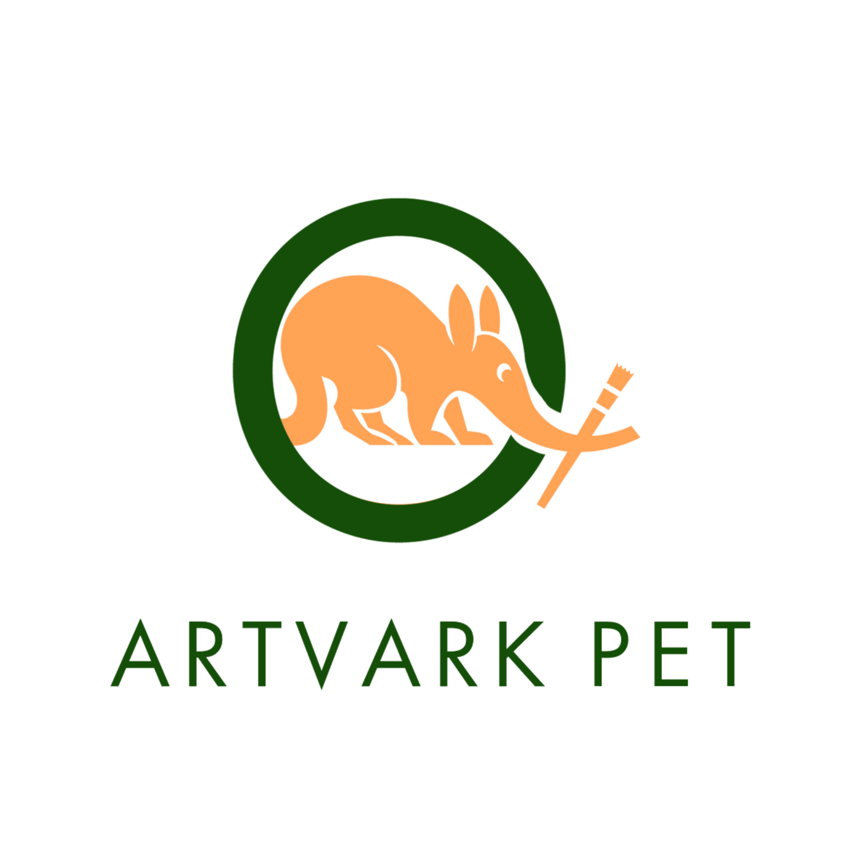 Logo of a pet brand featuring an orange elephant with a paintbrush in its trunk, surrounded by a green circle, with the text 'ARTVARK PET' underneath.