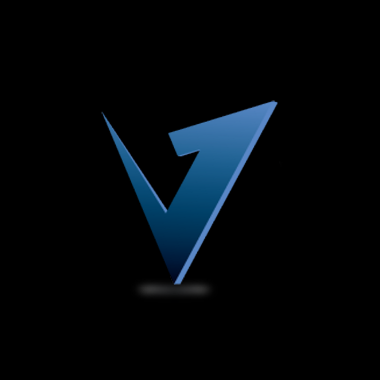 A stylized blue and black letter V with a futuristic design on a dark background.
