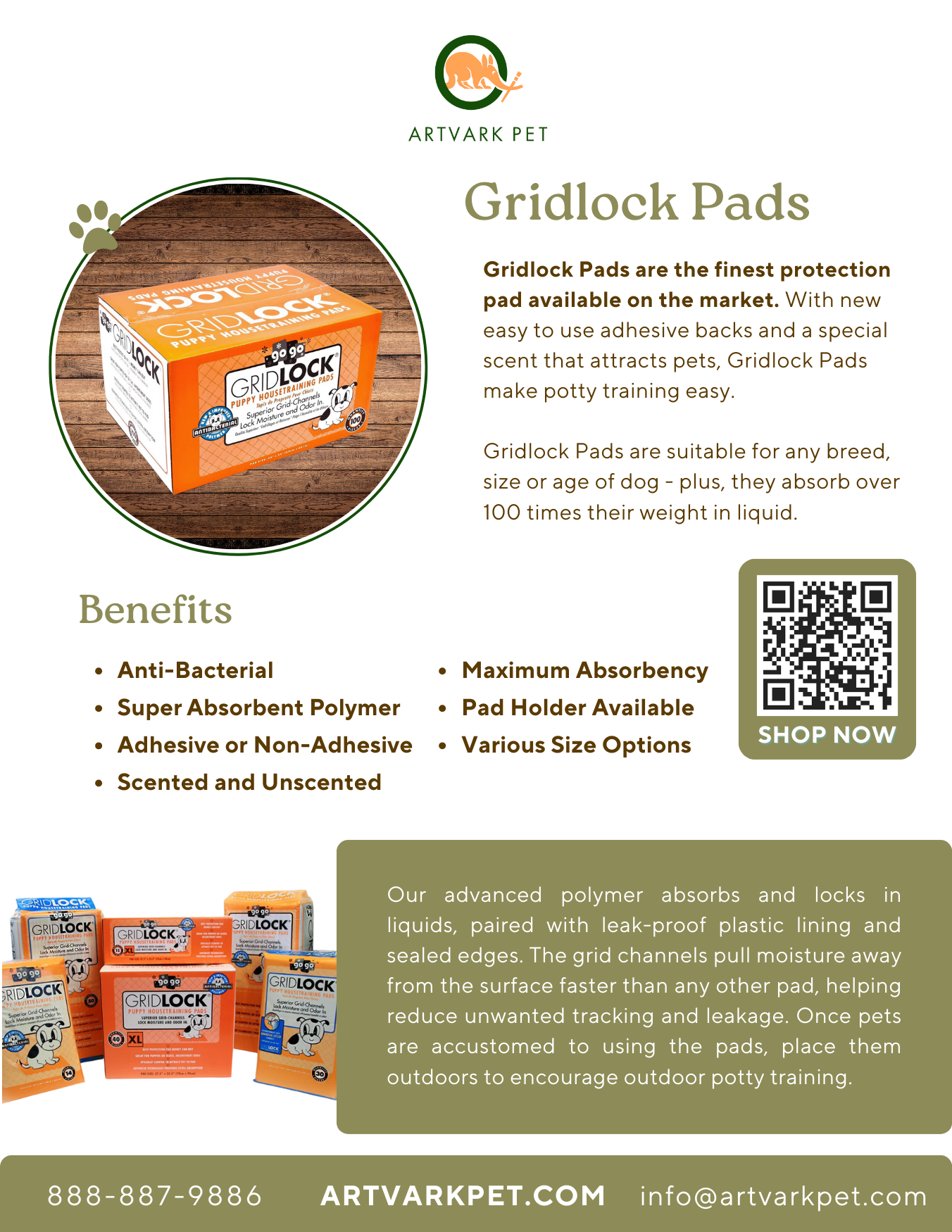 Product packaging for Gridlock Pads by Artvark Pet, featuring an orange box with a cartoon dog logo, set on a wooden surface.