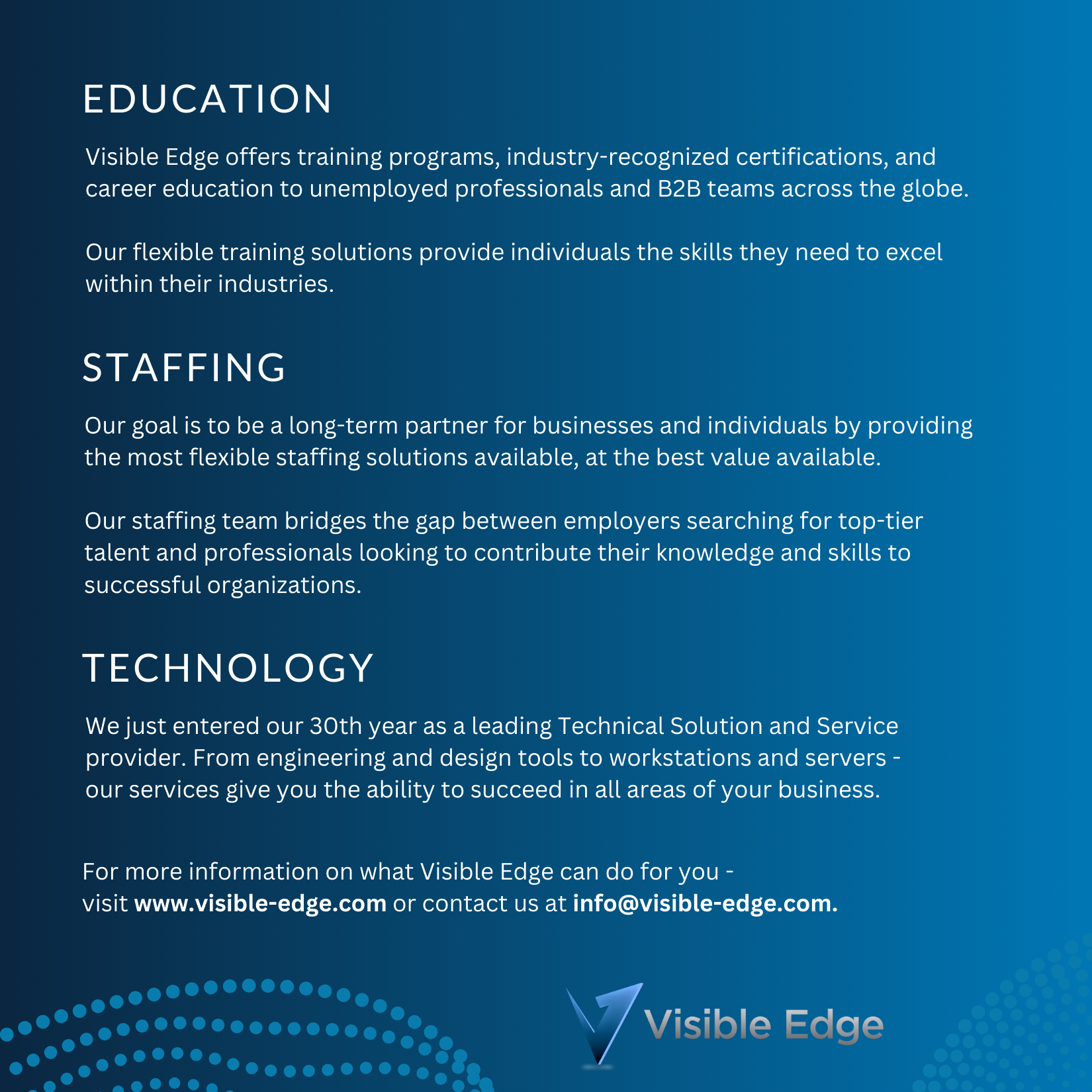Text-based advertisement for Visible Edge emphasizing education, staffing, and technology services with a blue background and company logo.
