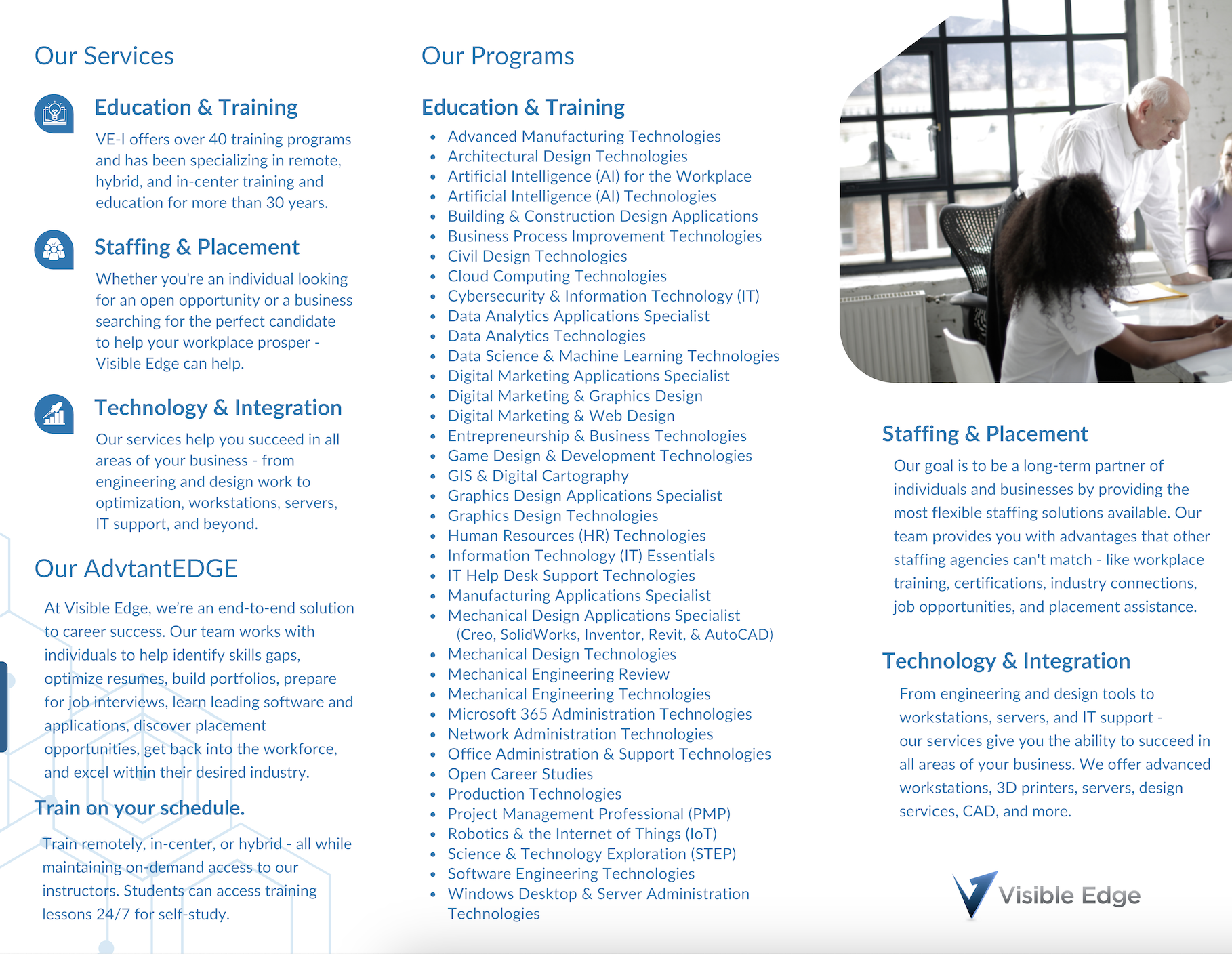Brochure page displaying services and programs of Visible Edge, including education and training, staffing and placement, and technology and integration. The page is divided into three columns with text and icons, and includes an image of a man and woman in a modern office.