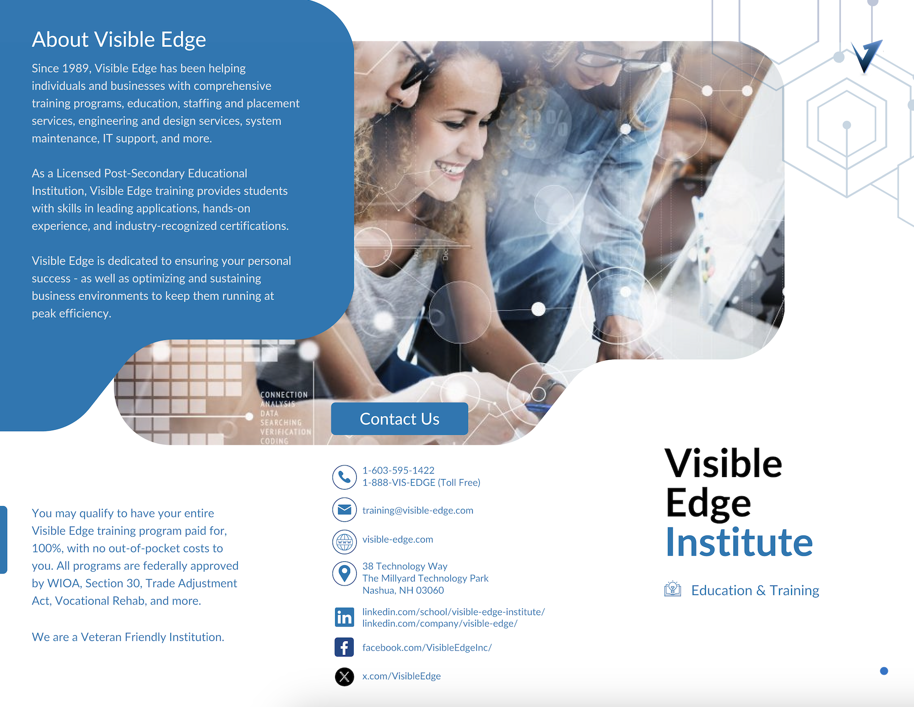 Group of people working on a computer in a modern office with tech graphics overlay, representing a professional training session.