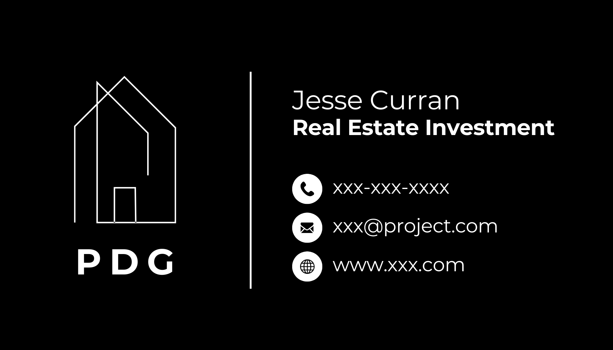 Business card for Jesse Curran, a real estate investment professional, featuring a minimalist house logo, name, title, and contact information including phone, email, and website on a black background.