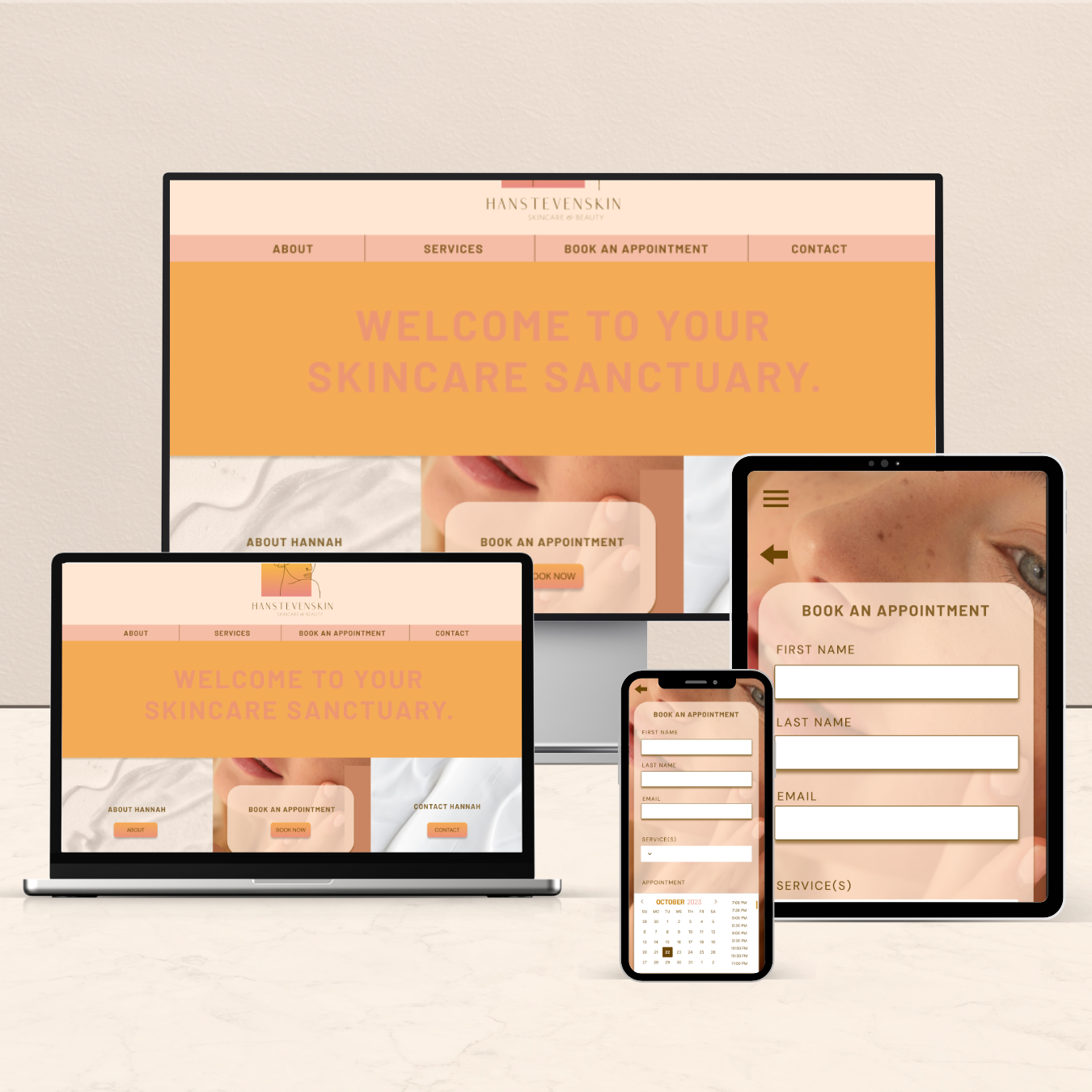 Multiple electronic devices displaying a skincare clinic's website and booking forms on their screens.