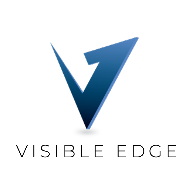 A stylized letter V in a gradient blue color with a 3D effect, above the text 'VISIBLE EDGE' in black uppercase letters.