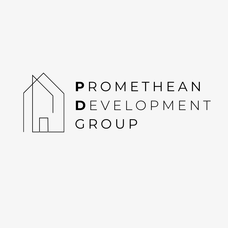 Logo of Promethean Development Group featuring a minimalist house outline with black text.